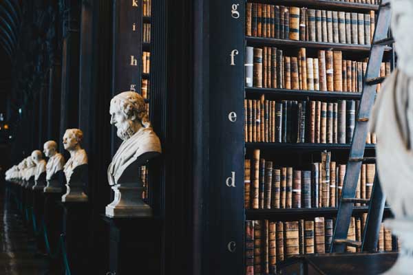 Marble busts staged in a dark library in Ireland. 